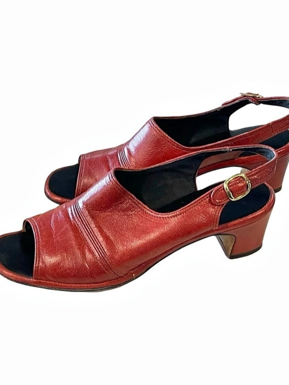Vintage Brick Red Leather Peep Toe Slingback Sandals Block Heel Size 6.5
